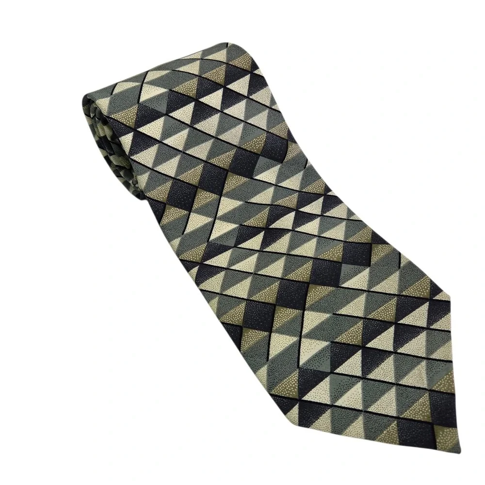 JHane Barnes‎ Geometric Necktie Green Beige Pattern Mens Silk Tie Business Japan